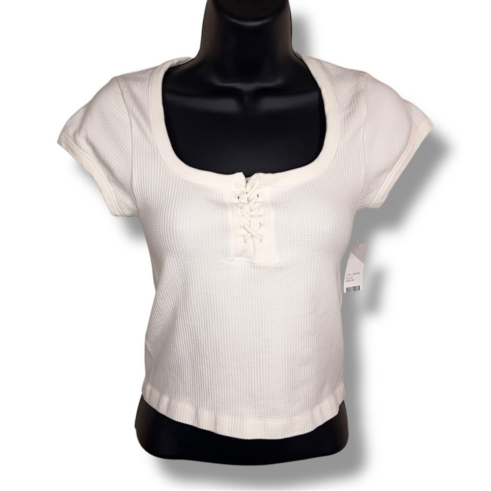 New Medium Juniors Fitz And Eddi Ivory White Waffle Knit Crop Top Short Sleeve